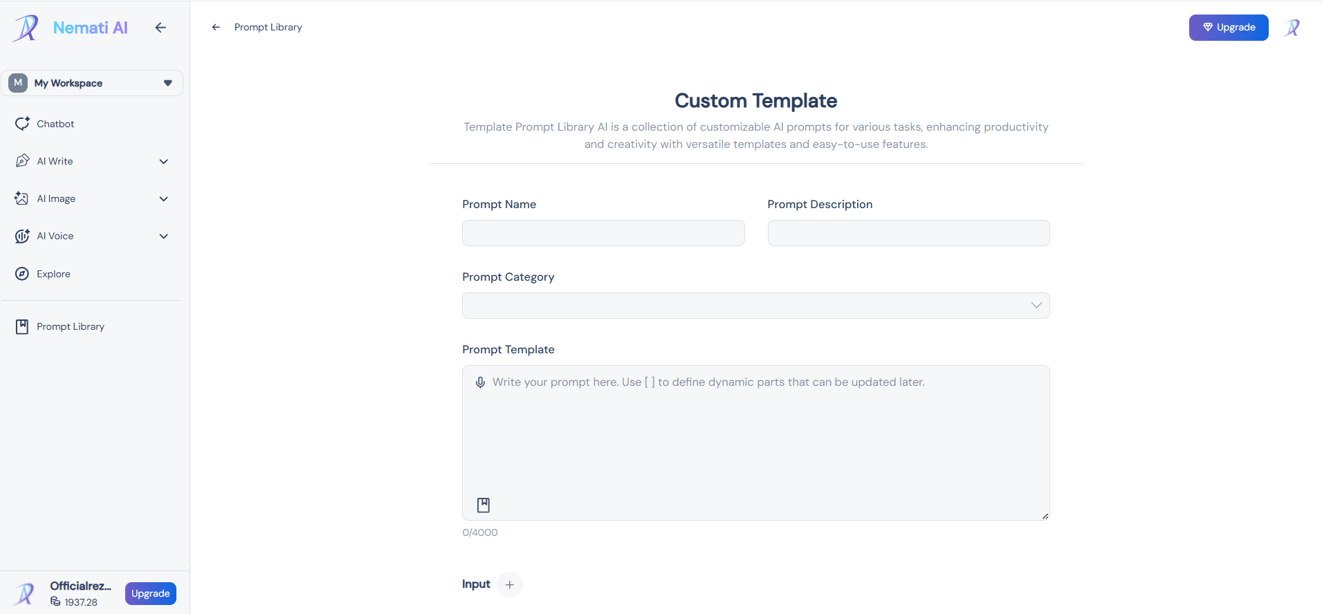 screenshot of desktop custom prompt library section