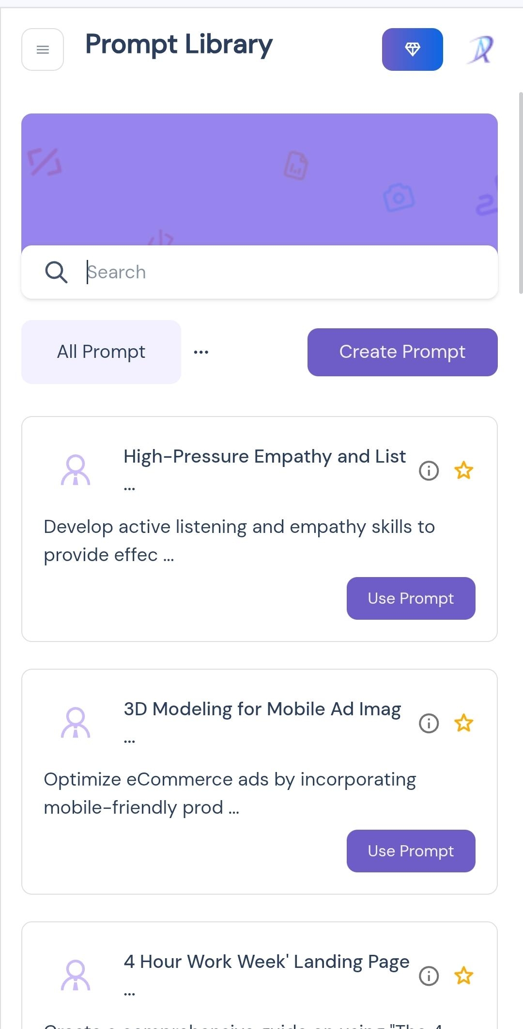 screenshot of mobile prompt library section